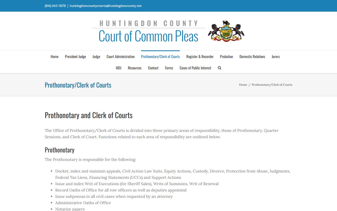 Huntingdon County Prothonotary Clerk of Courts records page