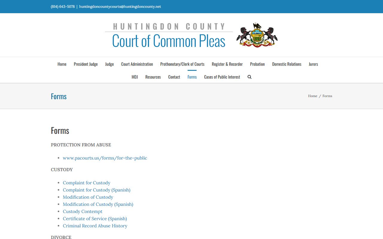 Huntingdon County court dockets court forms access