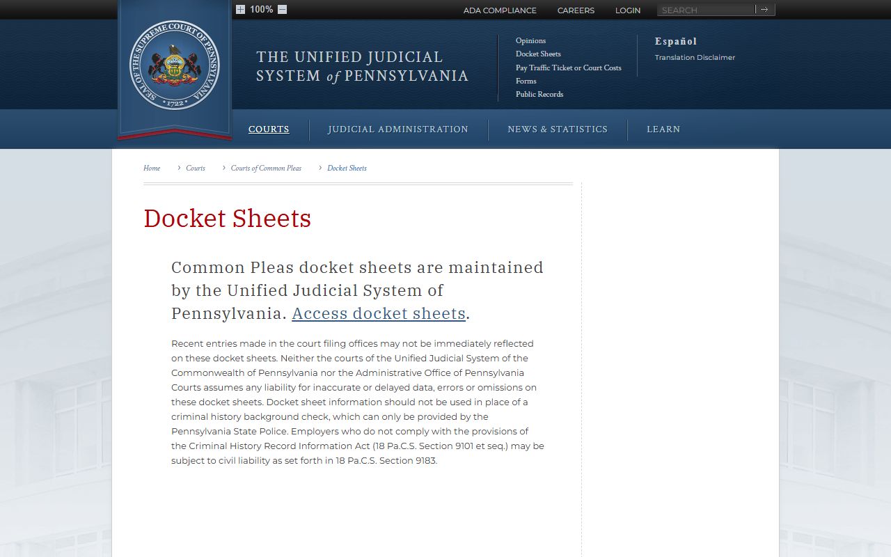 Huntingdon County court dockets UJS docket sheets explanation