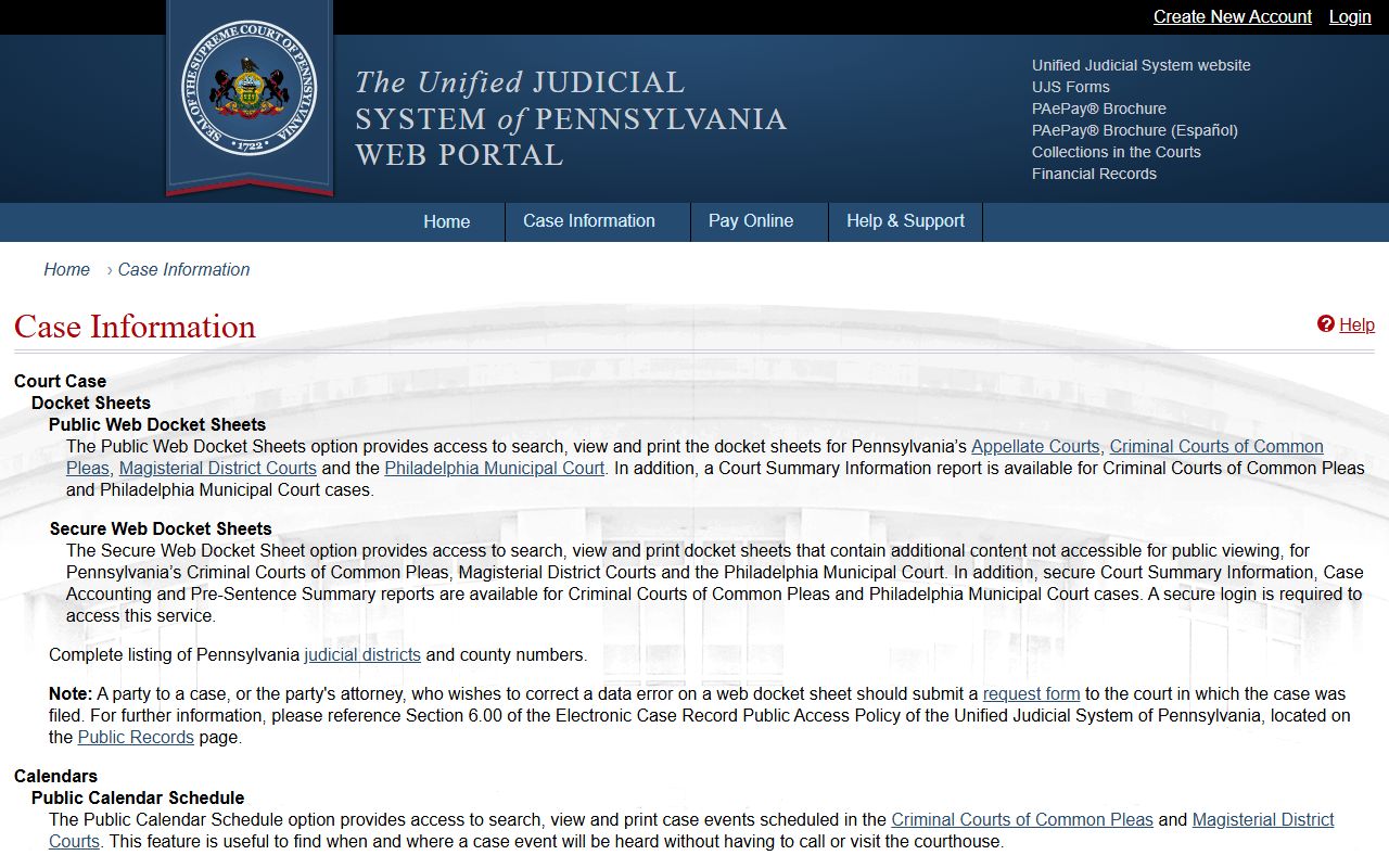 Huntingdon County court records UJS case information page