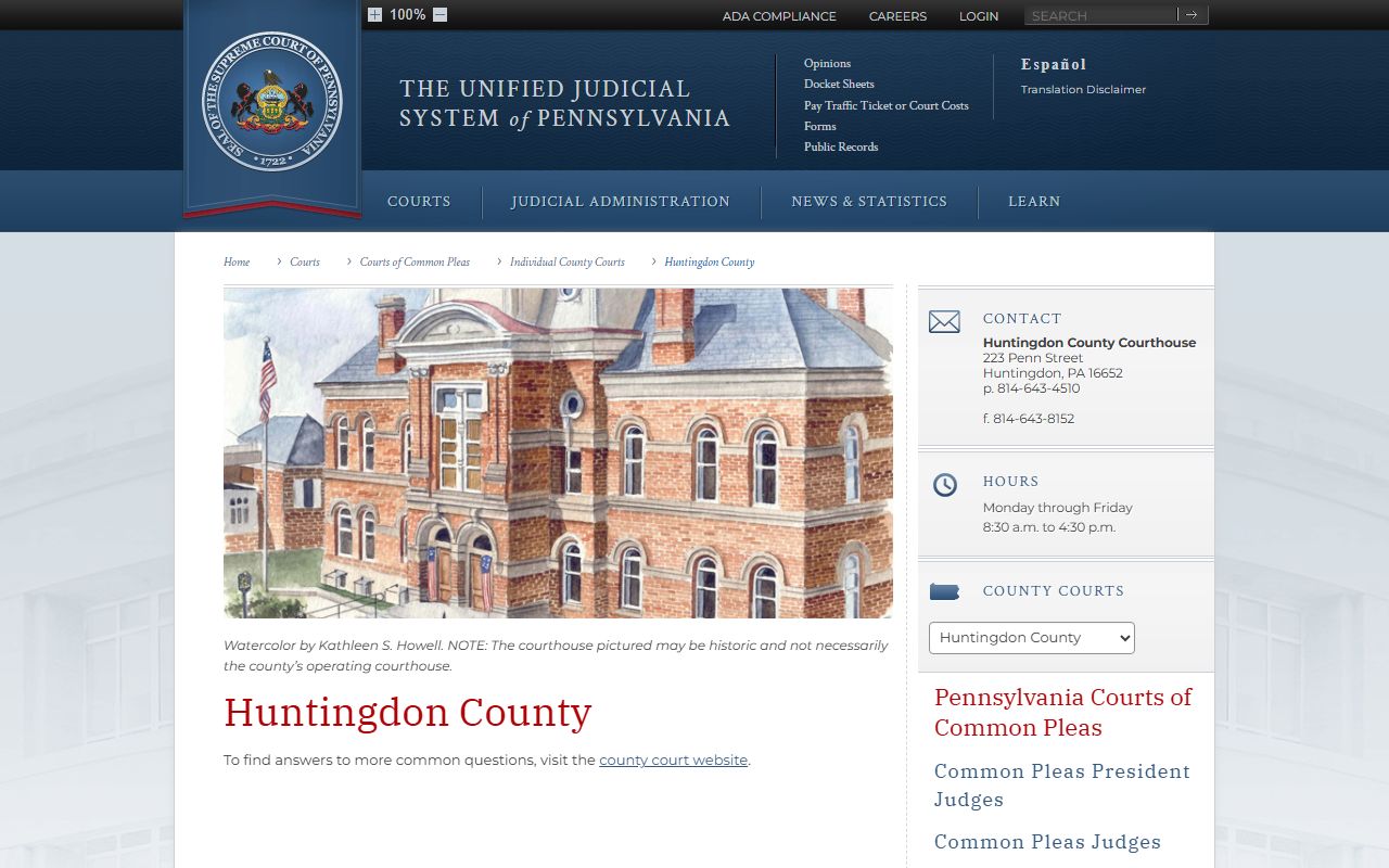 Huntingdon County court records UJS county court page