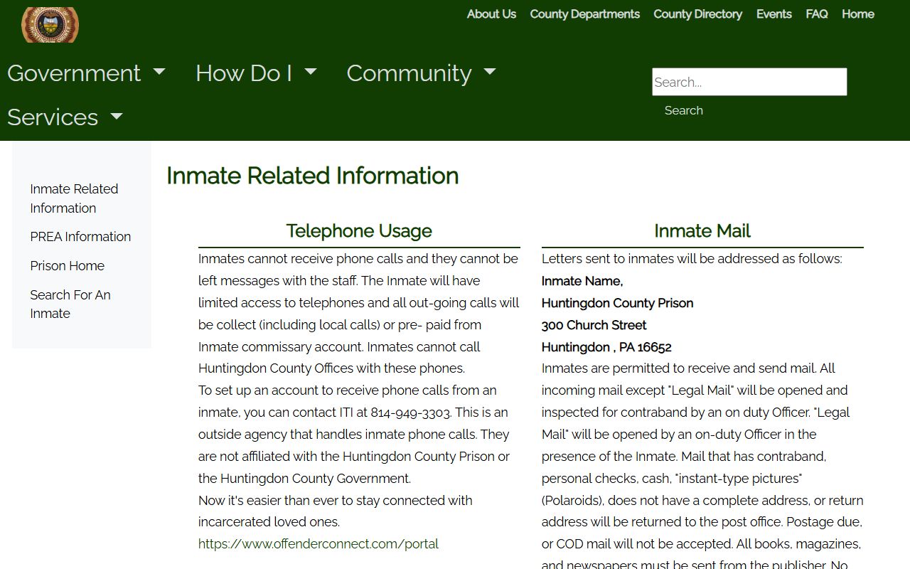 Huntingdon County inmate records mail money visitation rules