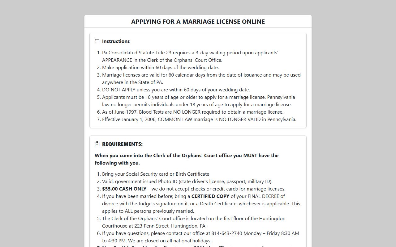 Huntingdon County marriage records online pre-application page